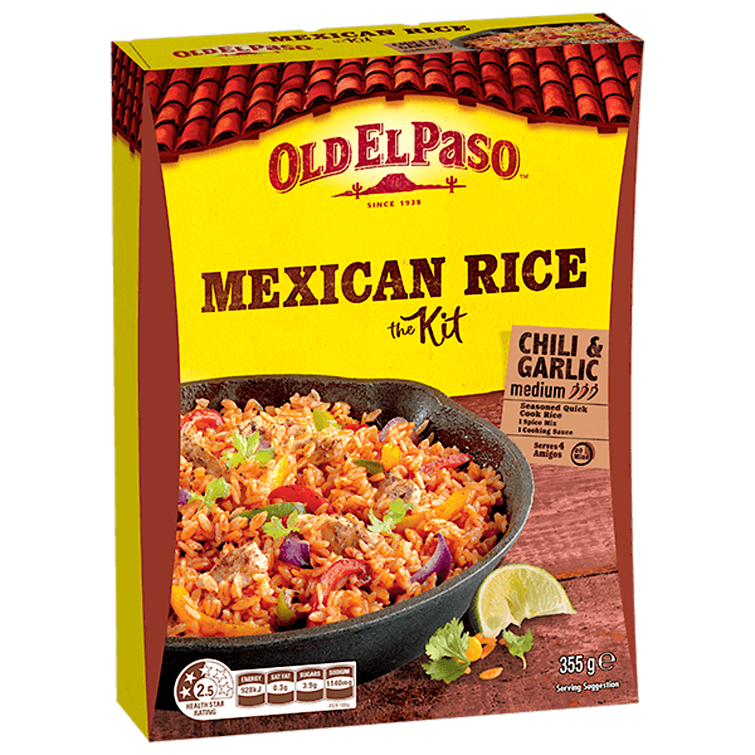 a pack of Old El Paso's chili & garlic mexican rice kit medium containing seasoned rice, spice mix & cooking sauce